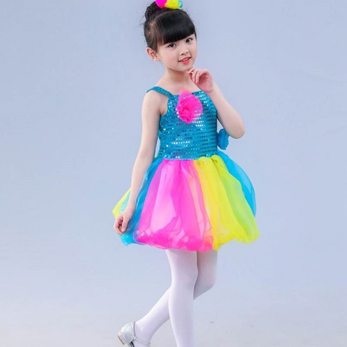 Girls children rainbow colored jazz modern dance princess dresses chorus singers school competition stage performance video cosplay costumes